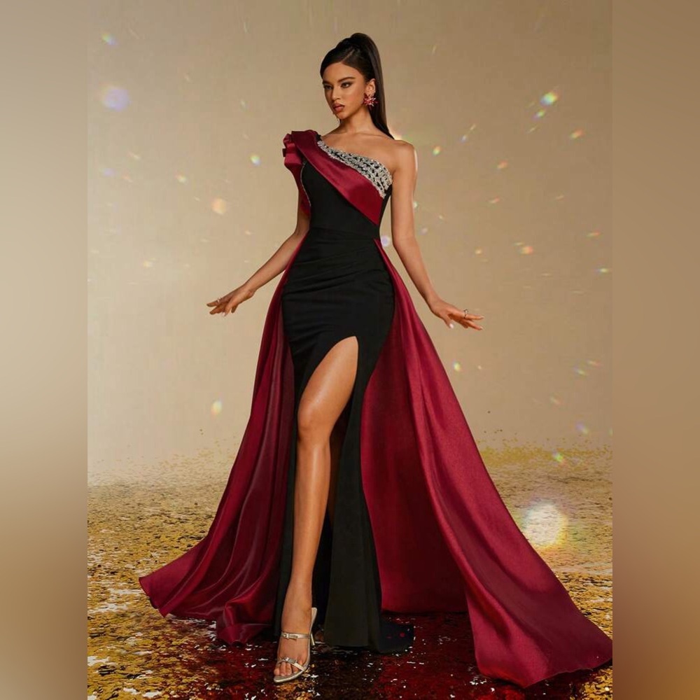 Smilprince Asymmetrical Neck High Slit FloorLength Gown Burgundy Size XL 12 - 14 - Picture 6 of 16